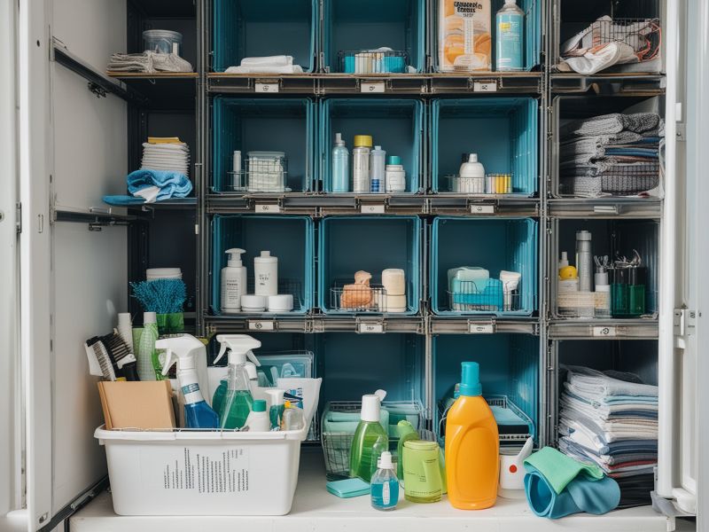 Professional cleaner organizing cleaning supplies in organized container