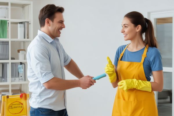 Satisfied customer conducting final walkthrough with cleaning team