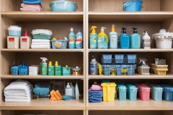 Cleaning supplies and equipment organized for professional service